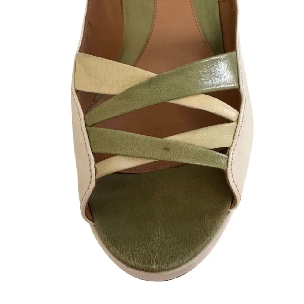 Sergio Rossi Ivory & Olive Green Strappy Peep-Toe Heels - Size 38.5 Euro 8.5 US